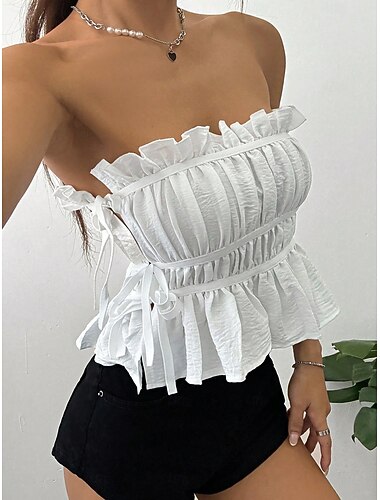  Per donna Top estivi Casual Senza Maniche Senza Spalle Top corti Quotidiano Bianco Estate