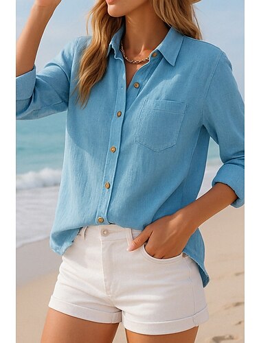  Dames Knoop omhoog Katoenen linnen overhemd Effen Basic Modern Lange mouw Overhemdkraag Normale tops Dagelijks Knop Wit blauw Zomer