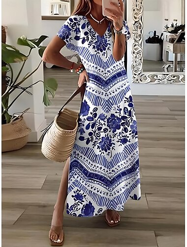  Damen Maxikleid Sommerkleid A Linie Kleid Urlaub Lässig Boho Ausgehen Strand Lässiger Schnitt Blumen Grafik Geometrisch Kurzarm V Ausschnitt Leicht Braun Blau Himmelblau Grau Sommer Frühling
