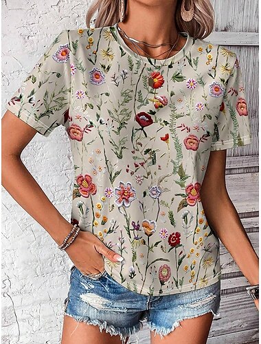  Damen T Shirt Blumen Grafik Pflanzen Vintage Stilvoll Klassisch Kurzarm Rundhalsausschnitt Rundhals Normale Oberteile Täglich Druck Khaki Sommer Frühling