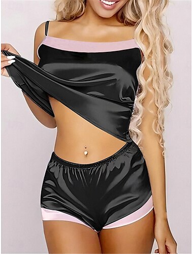  pyjamas för kvinnor pyjamastopp och byxuppsättningar ren färg mode avslappnad mjukt hem daglig säng satin andas remmar ärmlösa rem top shorts rygglösa sommar vår hem outfits