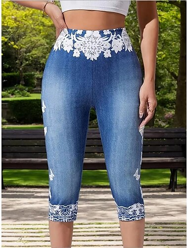  Leggings für Frauen Capri-Hosen hohe Elastizität Urlaubsmoden Vintage knöchellang mittlere Taille grafischer Blumenmuster atmungsaktiv weich dehnbar Urlaubs lässig täglich Eisblau Sommer Frühling