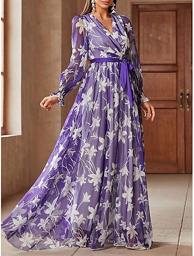  A-Linien-Mutter der Braut Kleid Floral Druck Lässig V-Ausschnitt Bodenlänge Chiffon Langarm mit Sash  Band Hochzeitsgastkleid 2025