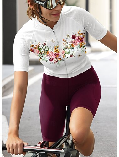  Dames Wielrenshirt Grafisch Flora Botanisch Korte mouw Fietsen Shirt Kleding Bovenlichaam met 3 achterzakken Zonbescherming UV-bestendig Sneldrogend Reflecterende strips Sport Wit Kleding