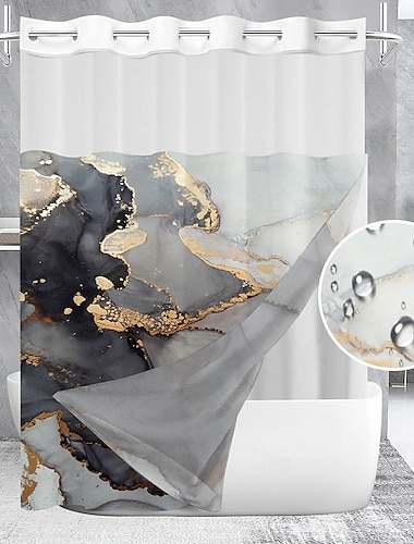  Marmer Wafelweefsel Textuur Douchegordijn Set met Snap-in Voering Transparant Raam Waterafstotend Polyester Oogje Bovenkant 120GSM Hotel Kwaliteit Spa Stijl Badkamer Scheiding Geen Haak Vereist