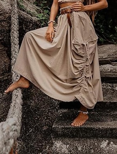  Dames Rok Casual Boho Maxi Medium taille Rokken Effen Zak Micro-elastisch Vakantie Uitgaan Zwart Leger Groen Rood Gember Zomer Katoen linnen