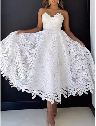  Abiti Cocktail A-Line Abito Elegante Bridal Shower Abito Bianco per Ospiti di Matrimonio Lunghezza Midi Senza Maniche Collo a Cuore Applique in Pizzo Floreale