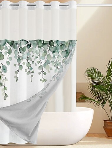  No Hook Shower Curtain 180cm*180cm(70"*70")with Snap-in Polyester Fabric Liner Sheer Top Window Waterproof Double Layer Bathtub Curtain Leaves Pattern