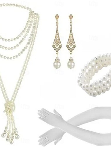  Doppelschichtige Perlenkette mit langen Armbändern, Ohrringen und Handschuhen, vierteiliges Mode-Set mit 100 passenden Schmuckstücken