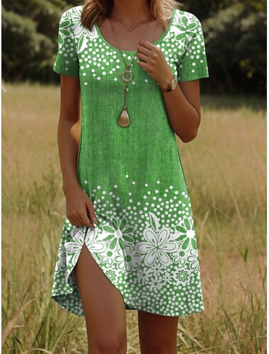  Damen Minikleid T-Shirt-Kleid A Linie Kleid Sommerkleid Lässig Ferien Strand Normale Passform Blumen Grafik Kurzarm Rundhalsausschnitt Blau Purpur Grün Dunkelblau Sommer Frühling