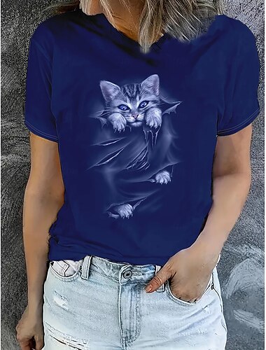  Women's T Shirt Summer Tops Graphic Cat Classic Casual Short Sleeve Crew Neck Crop Tops Daily Weekend Print Royal Blue Summer Spring Fall
