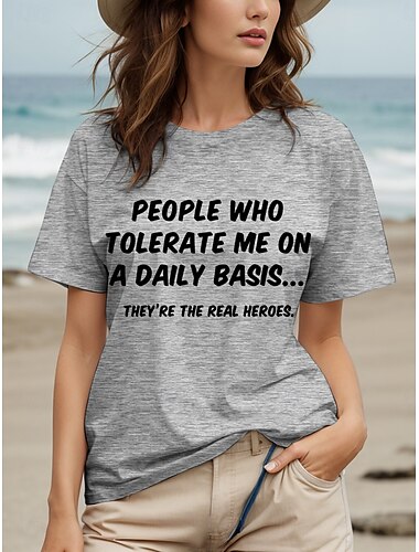  Women's T Shirt Cotton Shirt Graphic Letter Vintage Stylish Casual Short Sleeve Crew Neck Round Neck Regular Tops Daily Print Black White Gray Summer Spring