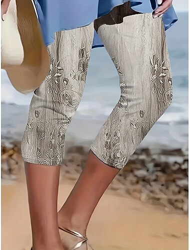  Damen Leggings Capri Hosen 3D Druck Hohe Elastizität Urlaub Vintage Mode Knöchellang Hohe Taille Blumengrafik Druck Atmungsaktiv Weich Dehnbar Formal Urlaub Büro Buff Rosa Blau Amethyst