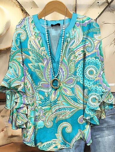  Damen Retro-Bluse mit geschichteten Rüschärmel Vintage Blumenmuster Bohemia Vintage Tägliche 3/4-Ärmel V-Ausschnitt Reguläre Tops Tägliche Urlaubsferien Bekleidung Print Rot Blau Beige Sommer
