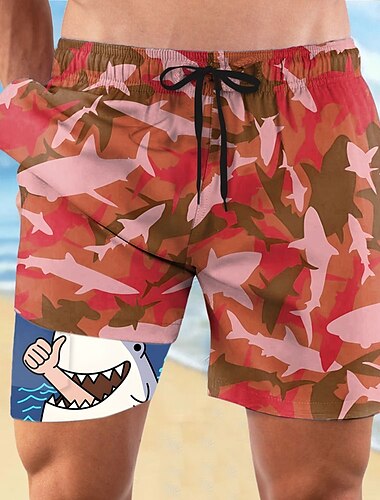  Herren Hai Lustig Meeresbewohner Gefütterte Shorts 2 in 1 Badeshorts Badeshorts Mittlere Taille Hawaiianisch Urlaub Strandbekleidung Seitentaschen Mit Kompressionsfutter Elastischer Kordelzug in der