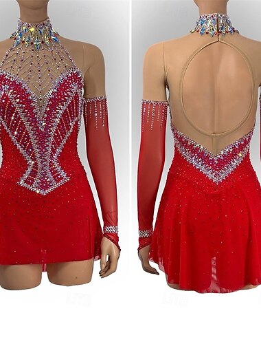  Eiskunstlaufkleid Damen Mädchen Eislaufen Kleid Rot Patchwork Offener Rücken Netzstoff Hohe Elastizität Training Wettbewerb Eiskunstlaufkleidung Klassisch Kristall / Strass Langarm Eislaufen