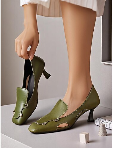  Dames pumps met vierkante neus – artistieke cut-out imitatieleren pumps met kitten heel voor creatieve werkplekken
