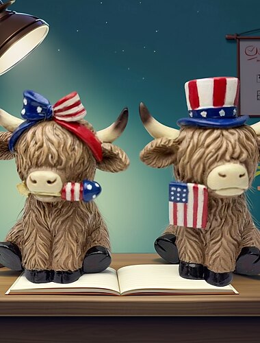  7月4日の飾り、愛国的なハイランドヤクの室内装飾、アメリカの庭の彫像、屋外の庭の装飾、星条旗のハイランドヤクの置物（記念日や独立記念日用）