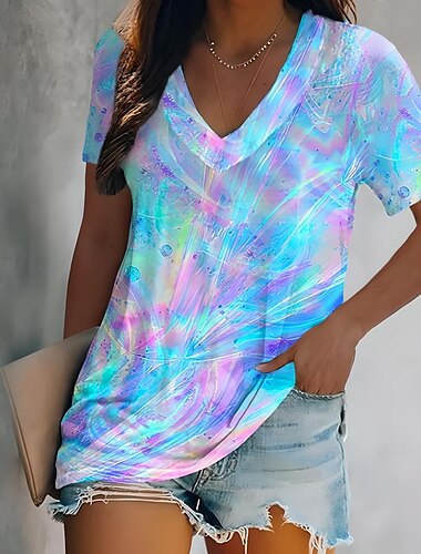  Damen T-Shirt Sommer Tops Batik lässig ärmellos Kurzarm V-Ausschnitt reguläre Tops täglicher Druck blau lila fuchsia hellblau sommer frühling
