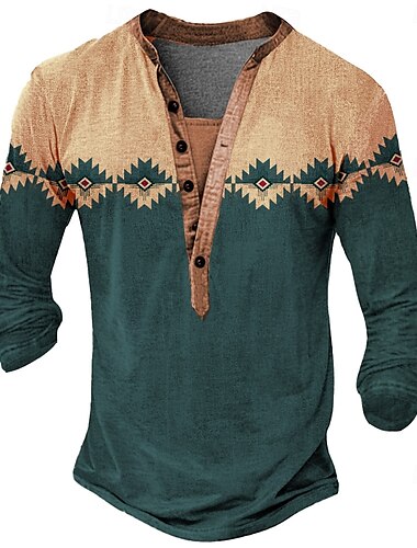  Homme Géométrique Tribal T-shirt Chemise Henley manche longue Designer Rétro Vintage Bohème Rue Occasionnel Quotidien Été Printemps Automne Noir Vert Henley T-shirt Henley