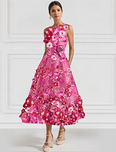  Vestido elegante de cóctel con estampado floral, corte A, rosa y amarillo, para invitados de boda, largo hasta los tobillos, sin mangas, cuello redondo, satén con bolsillo bordado, 2025