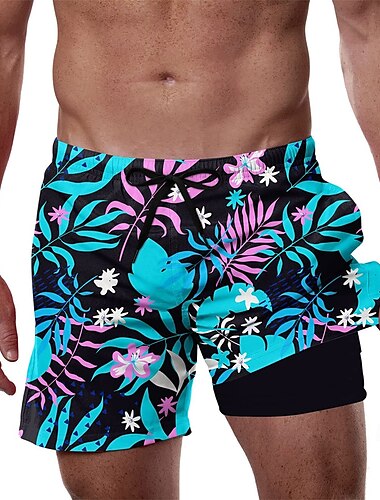  Herren Palmblatt Tropische Pflanzen Gefütterte Shorts 2 in 1 Badeshorts Badeshorts Mittlere Taille Hawaiianisch Urlaub Strandbekleidung Seitentaschen Mit Kompressionsfutter Elastischer Kordelzug in