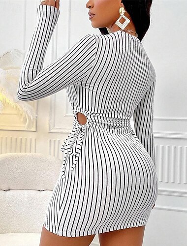  Női Mini ruha hétköznapi ruha Bodycon Divat Klasszikus Modern Szabadtéri Vakáció Szabadság Normál Csíkos Hosszú ujj Terített nyak Fehér Nyár Tavasz