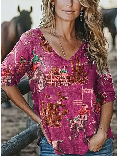  Dames Blouse Bloemig Grafisch Vintage Stijlvol Klassiek 3/4 mouw V-hals Normale tops Dagelijks Rood blauw Paars Zomer Lente
