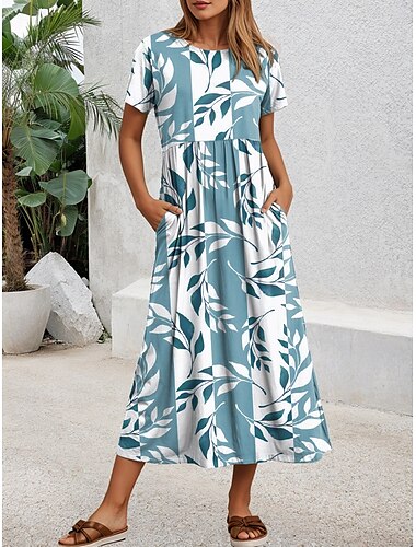  Damen Midikleid T-Shirt-Kleid Urlaub Lässig Täglich Lässiger Schnitt Blumen Grafik Kurzarm Rundhalsausschnitt Leicht Braun Blau Grün Sommer