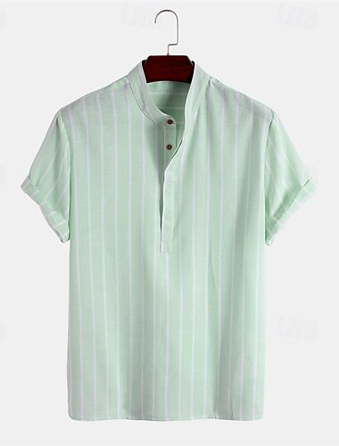 Per uomo Camicia Camicia di lino Camicia popover Camicia casual A righe Vacanza Streetwear Nero Bianco Verde chiaro Blu reale Manica Corta Collo alla coreana Estate Abbigliamento Bottonato