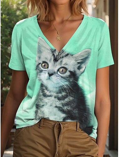  Women's T Shirt Graphic Animal Cat Vintage Stylish Classic Short Sleeve V Neck Regular Tops Daily Print Pink Blue Purple Green Summer Spring