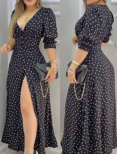  Damen Langes Kleid Maxikleid Freizeitkleid Sommerkleid Elegant Mode Outdoor Ferien Date Normale Passform Tupfen Langarm V Ausschnitt Schwarz Rote Blau Sommer Frühling