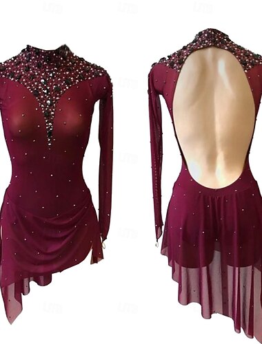  Eiskunstlaufkleid Damen Mädchen Eislaufen Kleid Fuchsie Daumenloch Halo-Färbung Hohe Elastizität Professionell Wettbewerb Eiskunstlaufkleidung Thermowarm Kristall / Strass Langarm Eislaufen