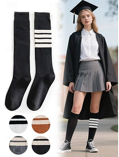  Calcetines de rayas asimétricas hasta la rodilla para mujer: calcetines deportivos de algodón por encima de la pantorrilla para uniformes escolares para estudiantes, graduación, animadoras y uso diario.