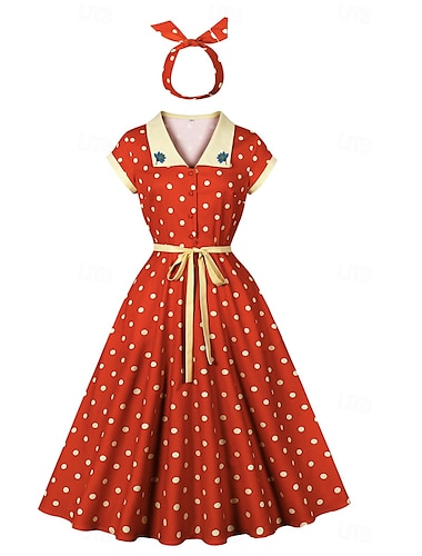 Retro Vintage 1950er Rockabilly Midlänge Cocktailkleid Bandana Ausgestelltes Kleid Tupfen Damen Maskerade Urlaub Heimkehr Party & Abend Erwachsene Kleid Stirnband Sommer