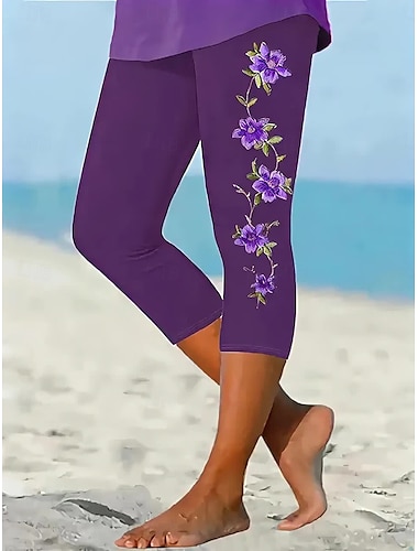  Leggings pour femmes Capri Pantalons Haute élasticité Mode de vacances Vintage Longueur mollet Taille haute Imprimé graphique floral Respirant Doux Extensible Formelle Vacances Bureau Violet Blanc