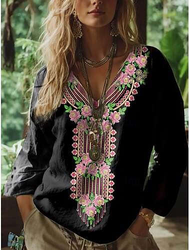 Damen Boho Bluse Floral Grafik Paisley Bohemia Vintage Tropisch 3/4 Länge Ärmel V-Ausschnitt Reguläre Tops Weiß Pink Grün Sommer Frühling