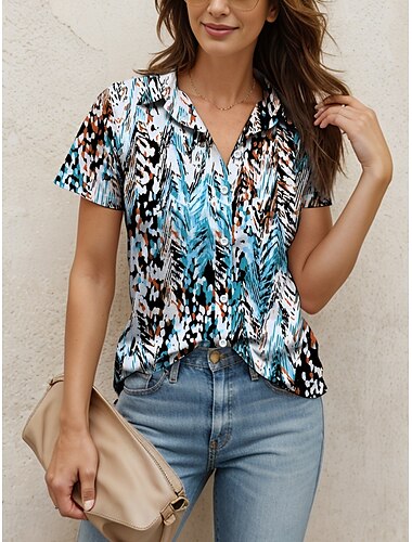  Damen Hemd Grafik Geometrisch Abstrakt Vintage Tropisch Täglich Ärmellos Kurzarm Kappe Hemdkragen Normale Oberteile Täglich Rosa Blau Purpur Orange Grün Sommer Frühling