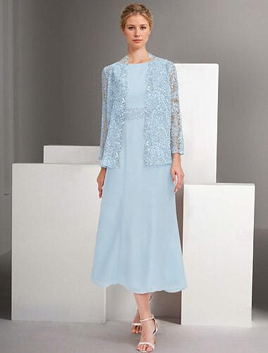  Deux Pièces Ligne A Ensembles de Robes Robe de Mère de Mariée  robe demoiselle d honneur Église Élégant Col ras du cou Longueur cheville Chiffon manche longue Robes avec Veste avec Dentelle Broderie