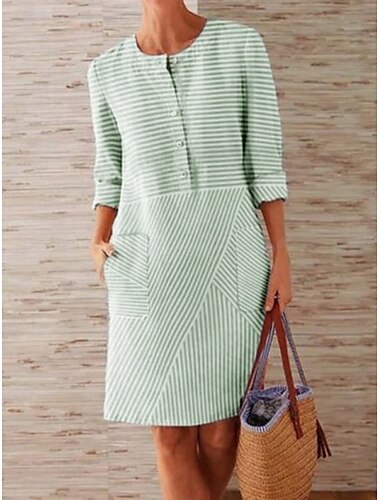  Damen Minikleid Sommerkleid Lässig Täglich Normale Passform Grafik Gestreift Langarm Rundhalsausschnitt Hellgrün Himmelblau Grau Sommer