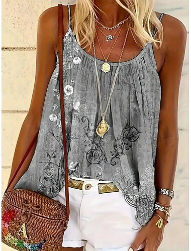  Damen Bluse Blumen Grafik Bohemien Täglich Hawaiianisch Ärmellos Träger Normale Oberteile Täglich Rückenfrei Druck Rosa Blau Grün Grau Sommer Frühling