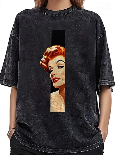  T-Shirt Übergroßes Acid-Wash-T-Shirt Retro Poster Retro-Mädchen Grafik Für Paar Herren Damen Erwachsene Maskerade Heißprägen Alltagstauglich