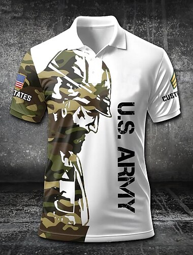  Amerikanischer Unabhängigkeitstag Herren Amerikanische US-Flagge Militär Polo Kurzarm Polo-Shirts Hemden mit Kragen Lässig Schule Outdoor Alltagskleidung 3D-Druck Sommer Blau Braun
