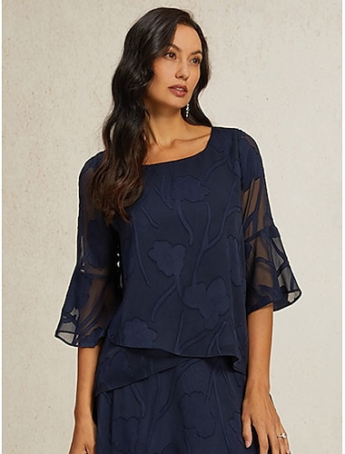  Dames Kanten overhemd Blouse Geklede topjes Chiffon-topjes Effen Kleur Elegant Stijlvol Basic 3/4 mouw Bel Boothals Normale tops Bruiloft gast Werk Dagelijks Asymetrische zoom Marineblauw Zomer Lente
