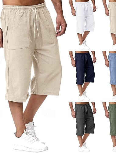 Homme Pantalon capri Shorts en Lin Shorts d'été Shorts de plage Avec Poches Cordon de serrage Taille Élastique Uni Confort Respirant Longueur mollet Vacances Fête Plage Hawaïen Boho Noir Blanche