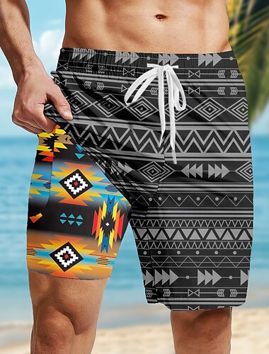  Herren aztekisch Ethnisch Gefütterte Shorts 2 in 1 Badeshorts Badeshorts Mittlere Taille Hawaiianisch Retro Vintage Urlaub Ferien Strandbekleidung Seitentaschen Mit Kompressionsfutter Elastischer