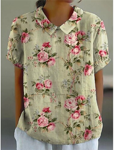 Mujer Camisa Floral Elegante Moderno Manga Corta Cuello Camisero Tops regulares Diario Festivos Estampado Rosa Azul Piscina Caqui Rosa Brillante Azul claro Verano