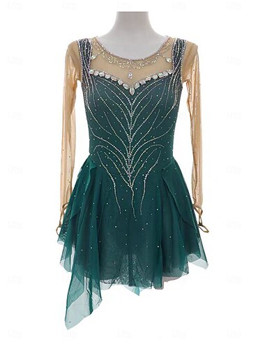  Figure Skating Dress Women's Girls' Ice Skating Dress Dark Green Patchwork Thumbhole Mesh Spandex Stretchy Training Practice Professional Skating Wear Thermal Warm Crystal / Rhinestone Long Sleeve