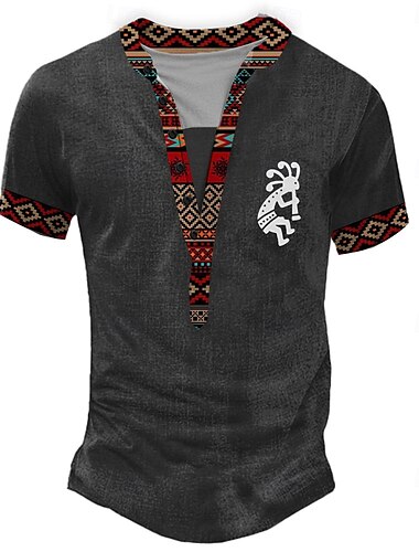  Herren Ethik / Afrikanisch T Shirt Henley Hemd T-Shirt Kurzarm Designer Basic Ethnisch Outdoor Lässig Täglich Sommer Schwarz Leicht Grün Hellblau Khaki Henley Henley T-Shirt