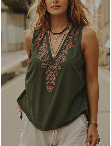  Dam Camisole linne Blommig Grafisk Paisley bohemliv Vintage Dagligen Ärmlös V-hals Vanliga toppar Dagligen Grön Sommar Vår